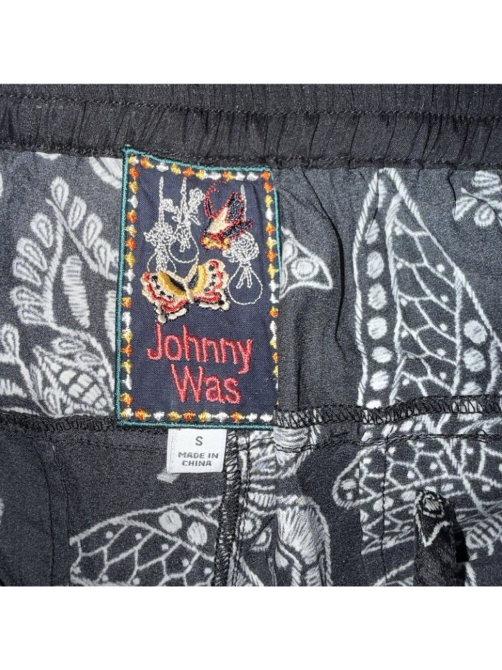Johnny Was Womens S Black Butterfly Print Satin Pants Wide Leg Drawstring - Picture 2 of 7